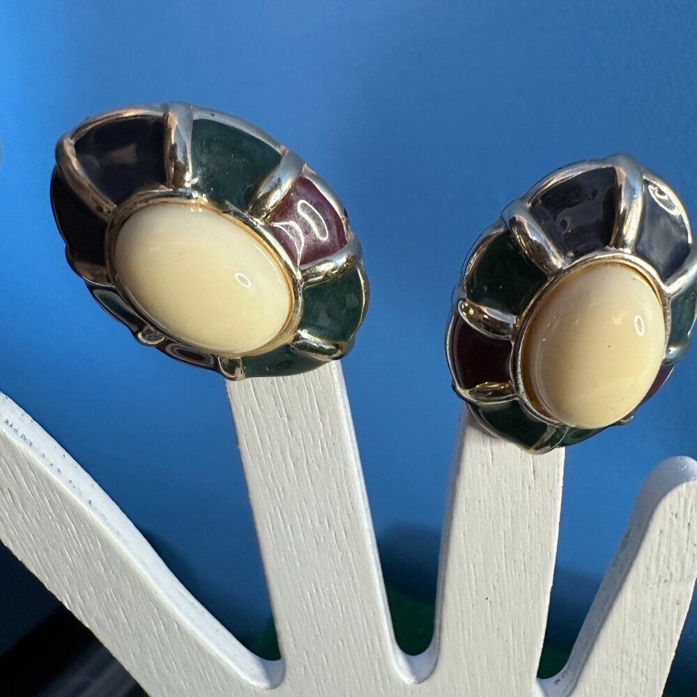 Vintage Oval Clip-On Earrings Multi-Color –Statement Costume Jewelry Retro Style